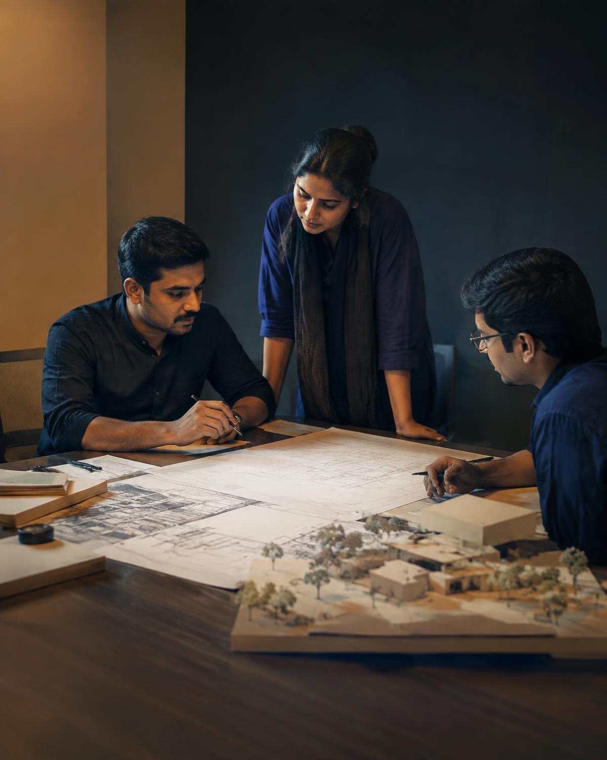 Architects reviewing drawings and a site model