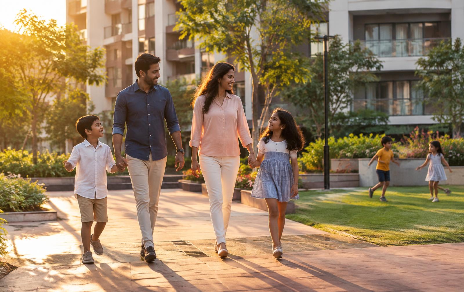 A family walking through a landscaped residential courtyard