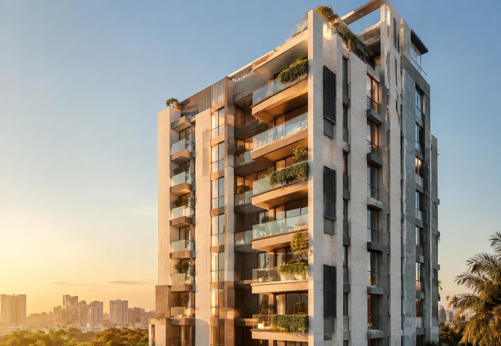 Contemporary residential tower in golden light