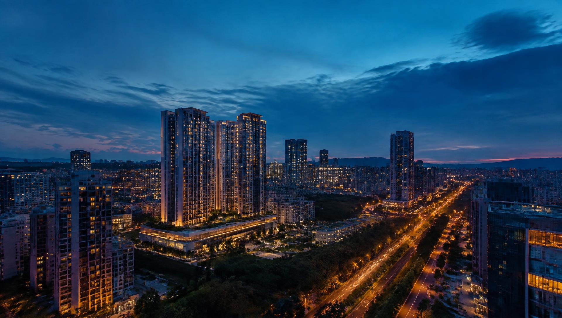 Modern Indian city skyline at blue hour